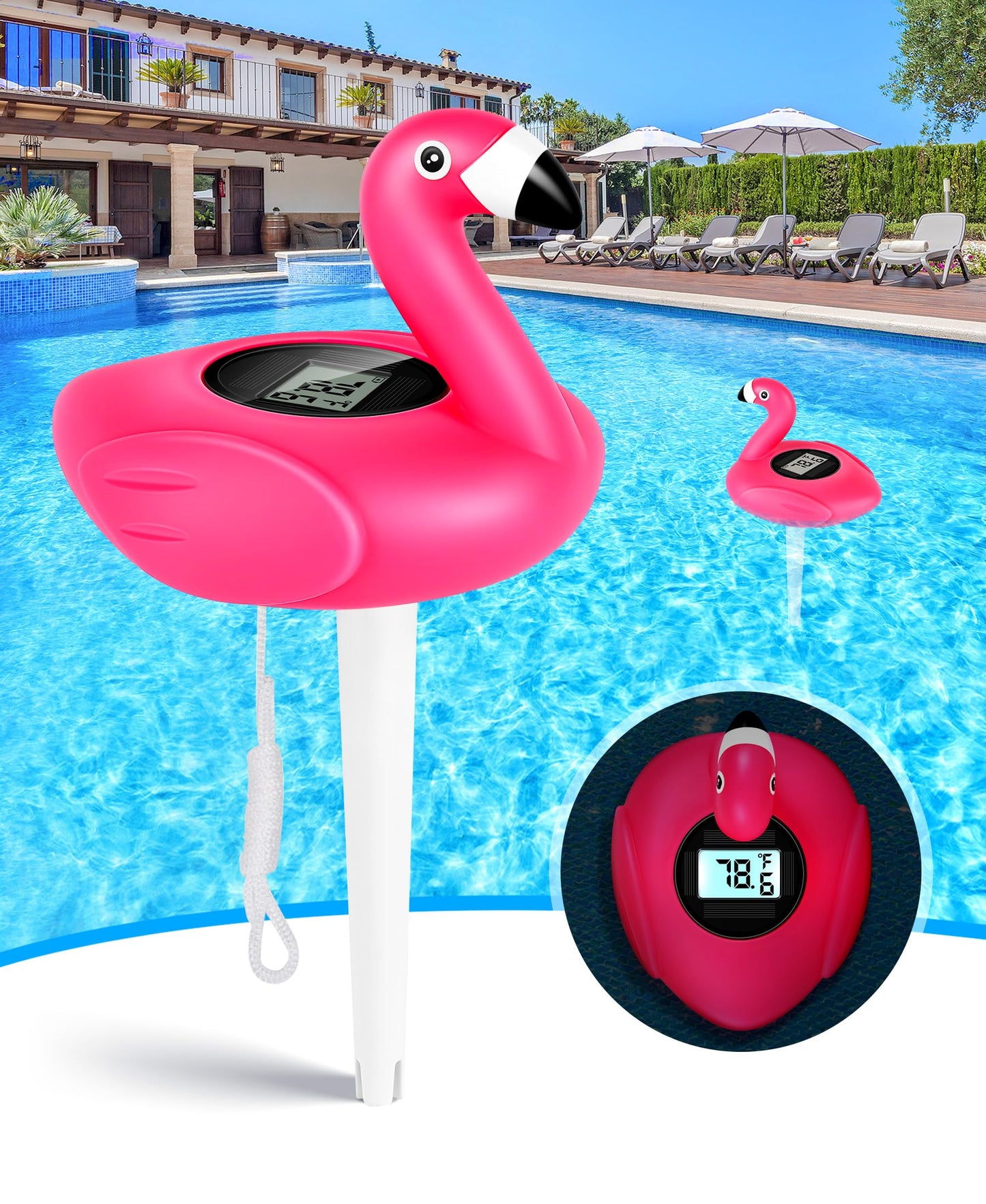PoolLeader 2026 Flamingo Pool Thermometer Solar-Powered | Auto Backlight for Easy Night Read | Pool Temperature Thermometer with Rope | Floating Pools Temperature Gauge for Hot tub- All Round Year Use