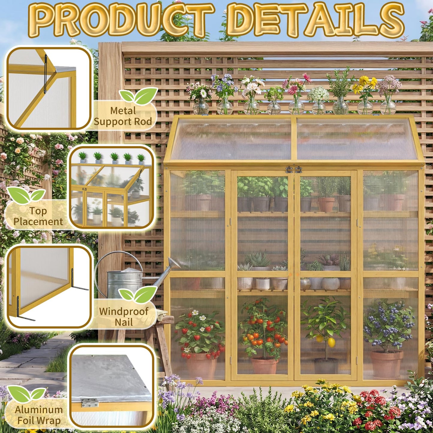 BKSFOAA Wooden Cold Frame Greenhouse with Transparent Flip-Top Roof, Solid Wood Greenhouse Cabinet, Garden Raised Flower Plants Shelf Protection for Outdoor Indoor, Natural