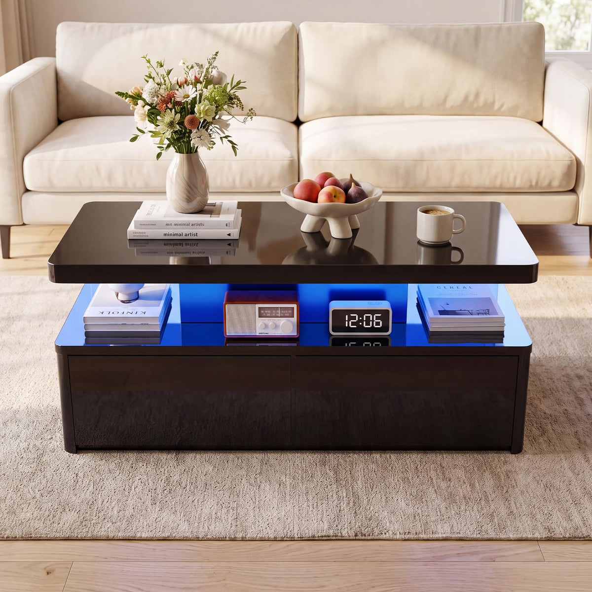 OneBlis 40" LED Coffee Table with 2 Large Drawers, 60,000-Color Lights App Control, Rectangular Center Table, High Glossy Modern Tea Table for Living Room, Black