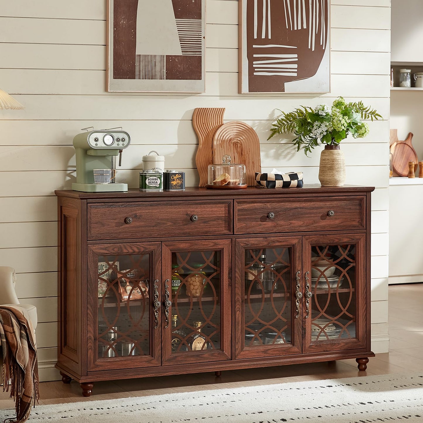 Joaxswe Farmhouse Sideboard Buffet Cabinet with Storage,59" Large Credenza with 4 Glass Doors & 2 Drawers,Adjustable Shelves Console Table,Wood Kitchen Coffee Bar for Dining Room,Living Room,Brown