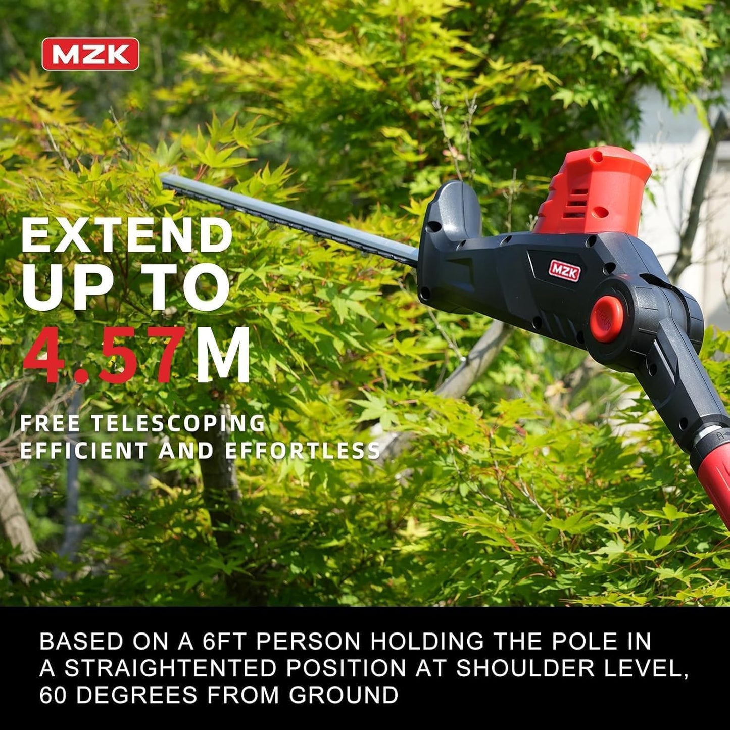 MZK 20V MAX 23-inch Cordless Pole Hedge Trimmer Attachment, 8-Feet Reach, Electric Hedge Trimmer with Extension Pole, Multi-Angle, for Garden Lawn Trimming(Two Batteries and Charger Included)