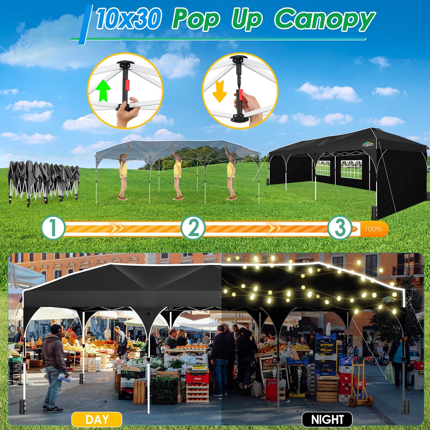 COBIZI 10x30 Pop Up Canopy Tent for Parties with 5 Sidewalls| Push Center Lock & Air Vent| Waterproof & UPF50+ |Gazebo Outdoor Tent for Party,Wedding,BBQ with 4 Sandbags, 8 Stakes & 16 Ropes,Black