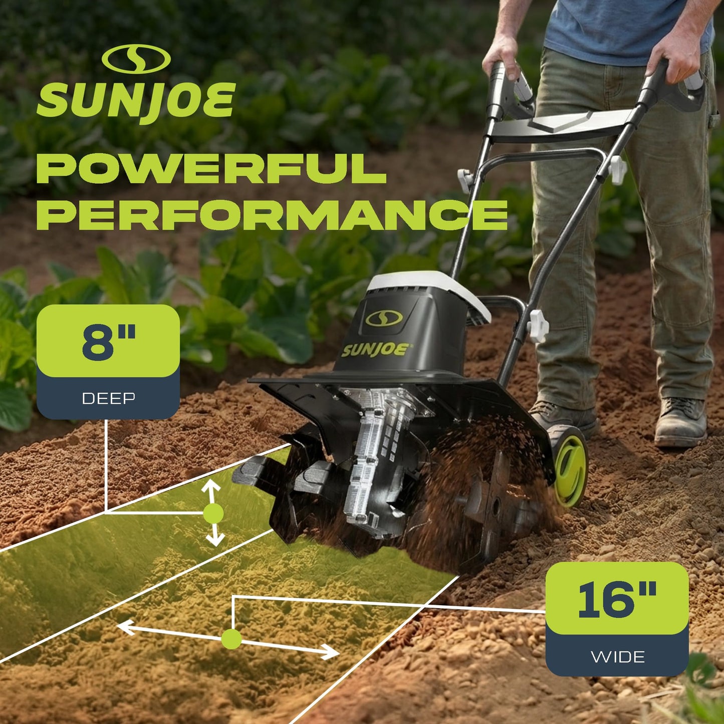 Sun Joe Corded Electric Garden Tiller & Cultivator with Steel Tines, 16", 13.5-Amp Motor - Heavy-Duty Tilling Machine for Lawn, Yard, and Gardening Care, TJ604E