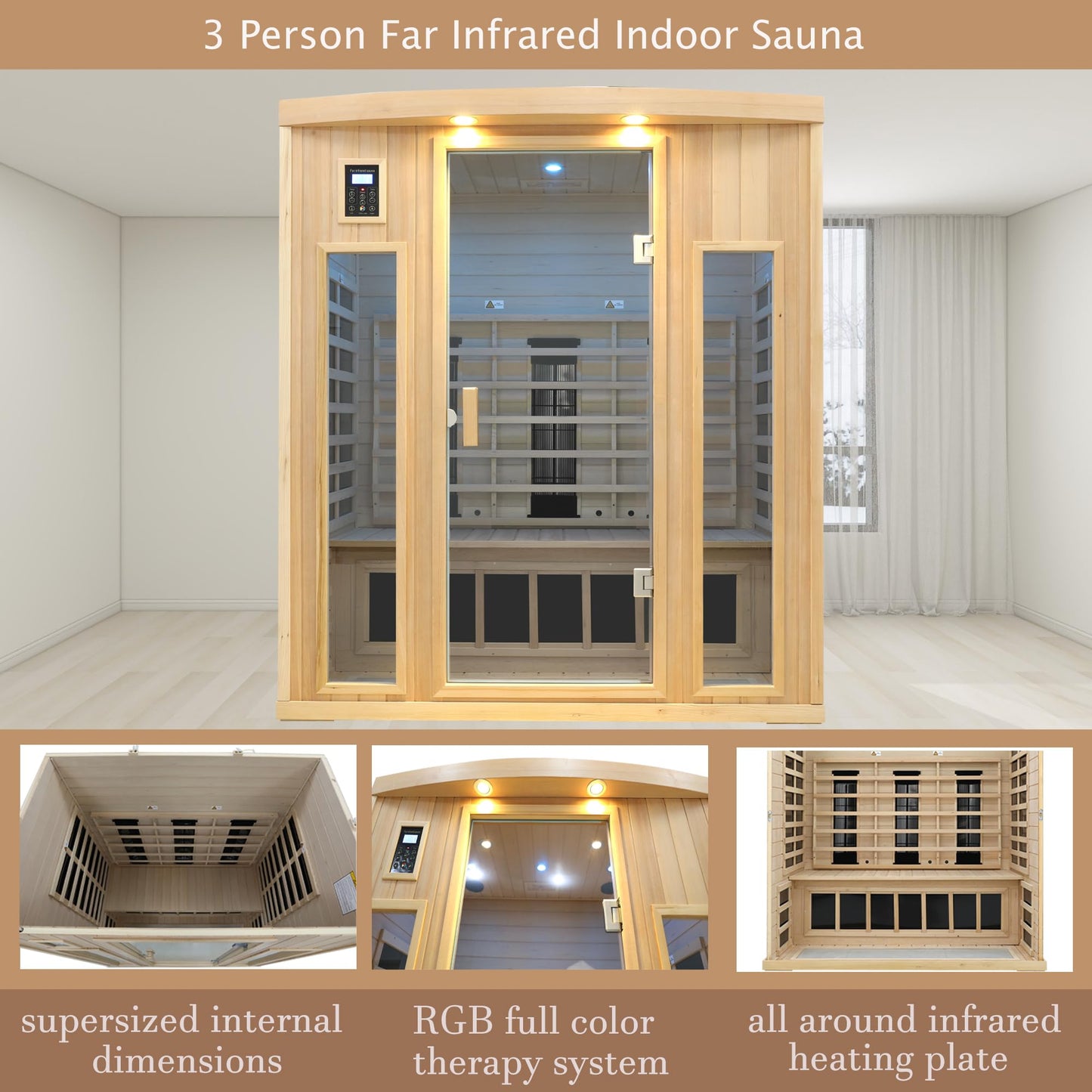 KUNSANA 3 Person Infrared Sauna, Ceramic Infrared Sauna 3 Person, Far Infrared Saunas for Home, Low EMF Infrared Indoor Sauna, Hemlock Wooded Sauna Room, Bluetooth Speakers, Chromotherapy Lights