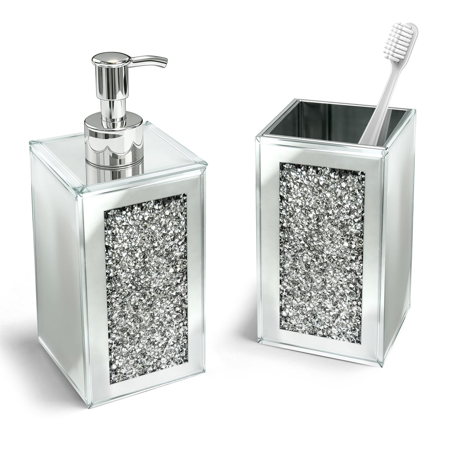 2Pcs Silver Bathroom Set, Mirror Finish & Diamond Accent Soap Holder,Modern