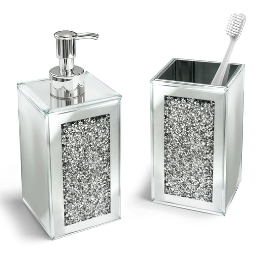 2Pcs Silver Bathroom Set, Mirror Finish & Diamond Accent Soap Holder,Modern