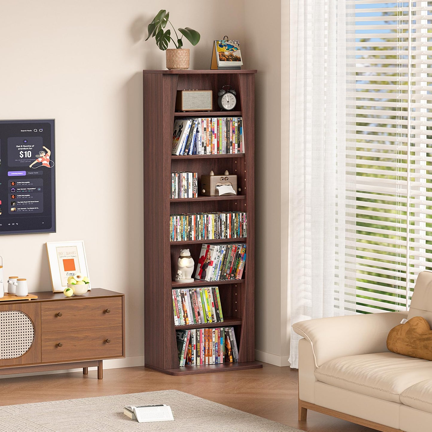LELELINKY 7 Tier Arched DVD Shelf, DVD Rack with Adjustable Shelves, Walnut
