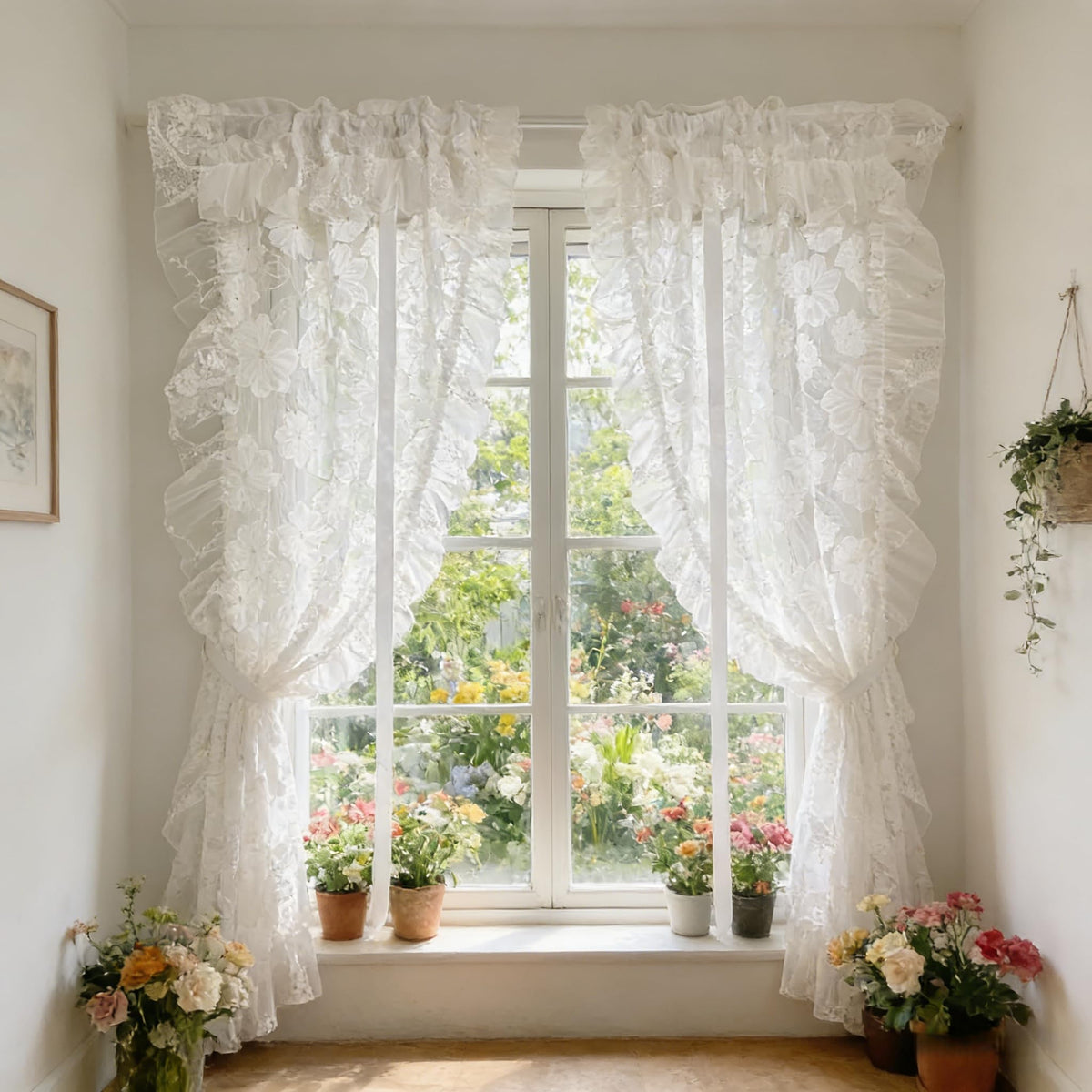Tie Up Floral Lace Sheer Curtain Jacquard Balloon Curtain Shade for Kitchen
