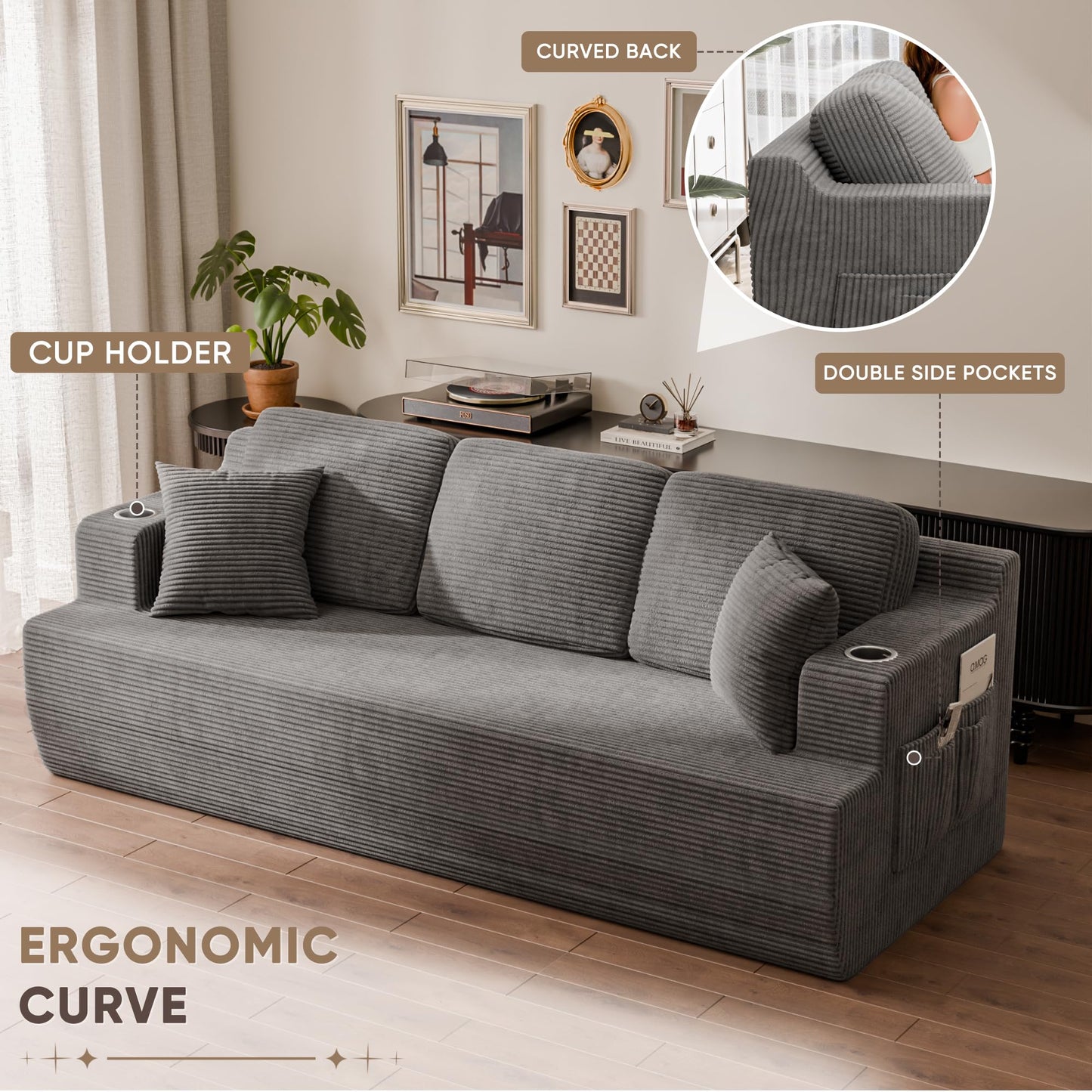 Homall 87” Boneless Sofa Couch with 2 Pillows Extra Deep Seats, Corduroy Fabric 3 Seater Sofa for Living Room with Cup Holder & Storage Pocket Upholstered Floor Sofa Easy Installation (Grey, 3 Seater)