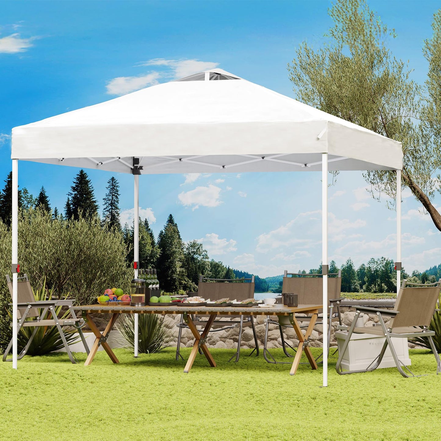 PHONWHON Shades 10x10 Pop Up Canopy with One Push Setup,Heavy Duty Beach Tent with Wheels for Easy Moving, Sun Shelter for Parties,Events, Outdoor Gazebo with 420D Coated Waterproof White Fabric