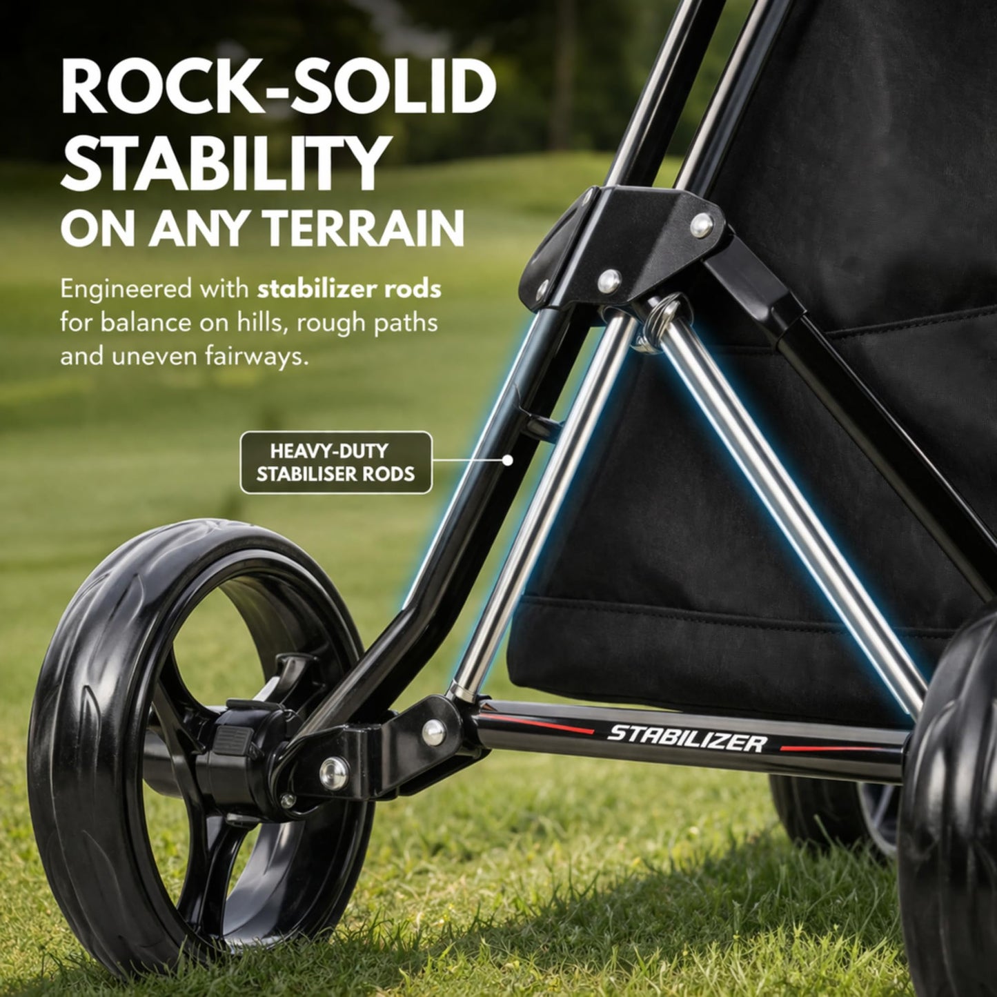 PRECISE Cruiser 3-Wheel Golf Push Cart with Foot Brake & Stabilizer Rods – Folding Golf Trolley, Ergonomic Handle, Detachable Storage Bag, Scorecard & Cup Holder - Black/Blue