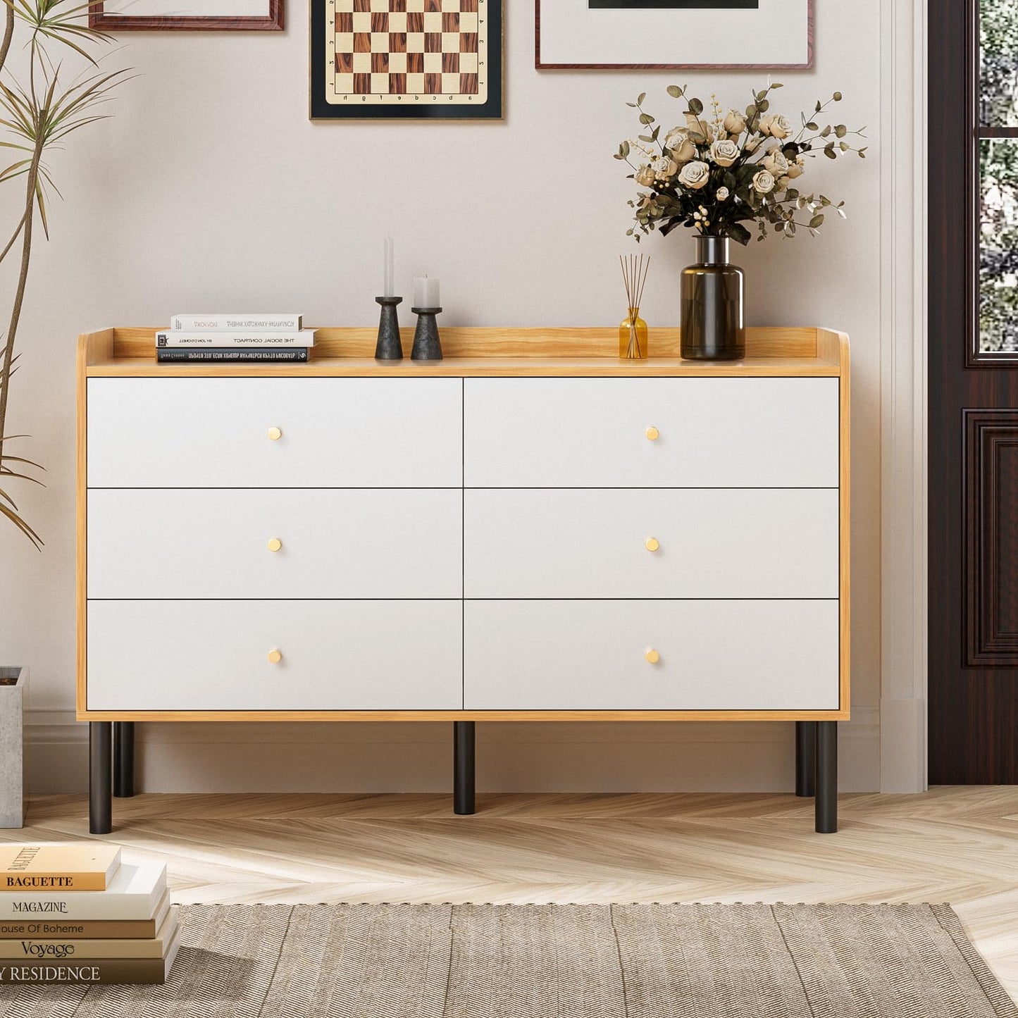 LYNSOM Dresser for Bedroom, 6 Drawer Natural Wood Dresser with Wide Drawer and Metal Handles, Modern Dressers & Chests of Drawers for Hallway Entryway