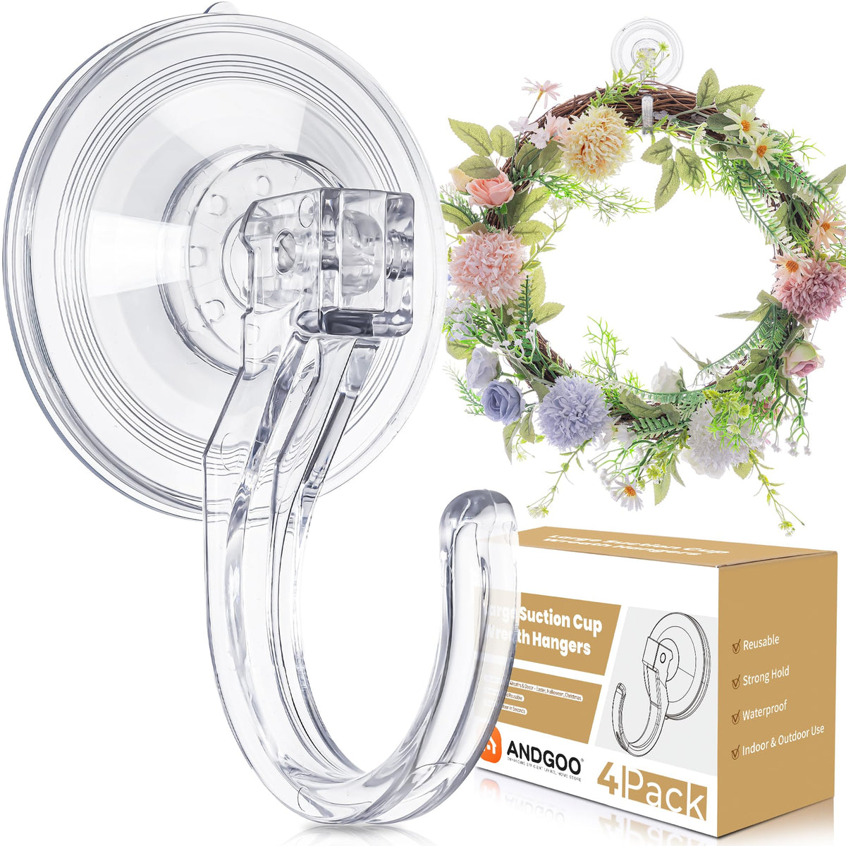 ANDGOO Suction Cup Hooks for Door Wreaths, Wreath Hangers for Front Door