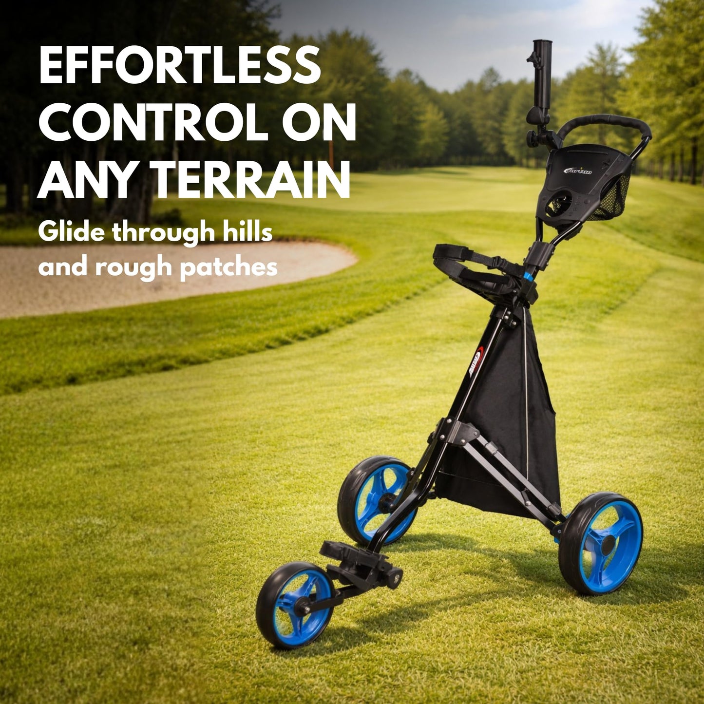 PRECISE Cruiser 3-Wheel Golf Push Cart with Foot Brake & Stabilizer Rods – Folding Golf Trolley, Ergonomic Handle, Detachable Storage Bag, Scorecard & Cup Holder - Black/Blue
