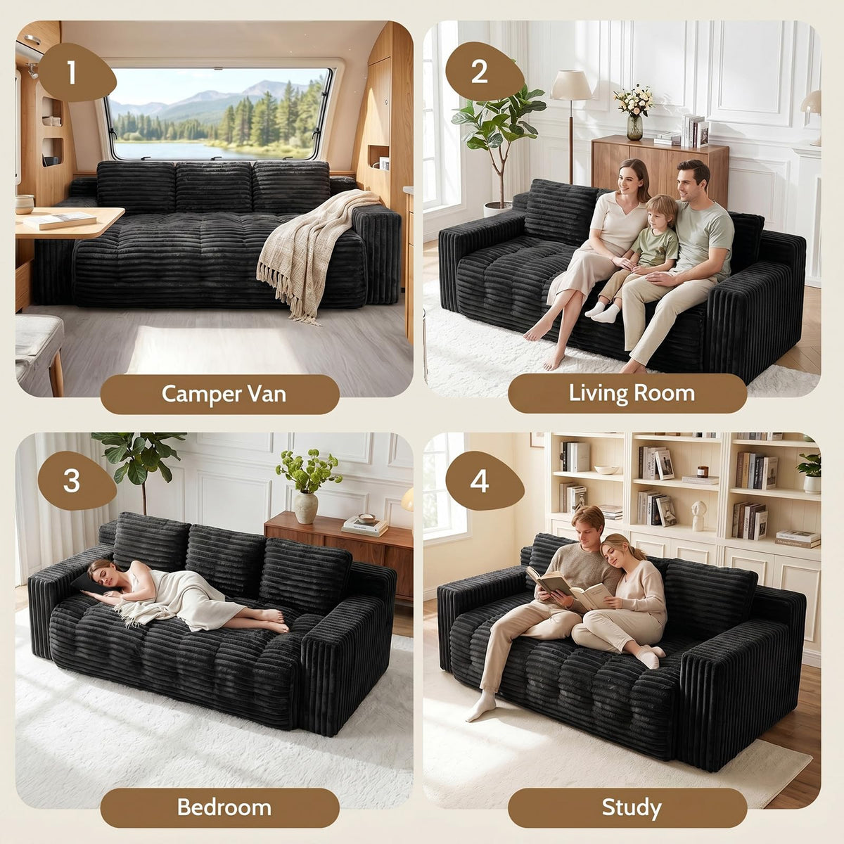 Tykacna 70” Boneless Couch, 3 Seater Sofa Couch with Extra Deep Seats 3 Pillows,Corduroy Modern Small Couch for Living Room, Office, Bedroom, Apartment,Black