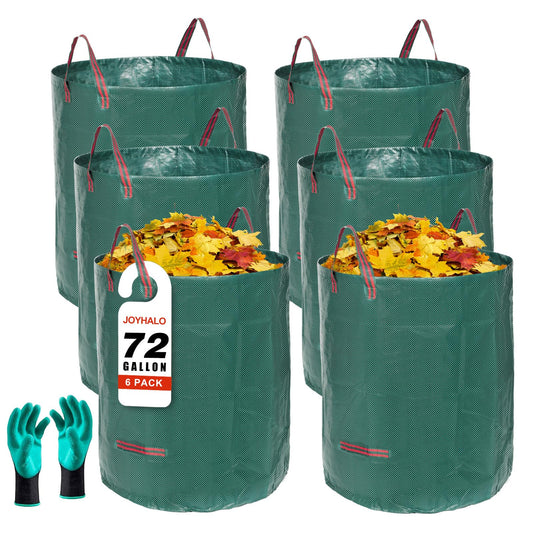 Joyhalo Reusable Yard Waste Bags - 72 Gallon, 6 Pack, Heavy Duty with Gardening Gloves & 4 Handles, Standable, Camping & Recycling