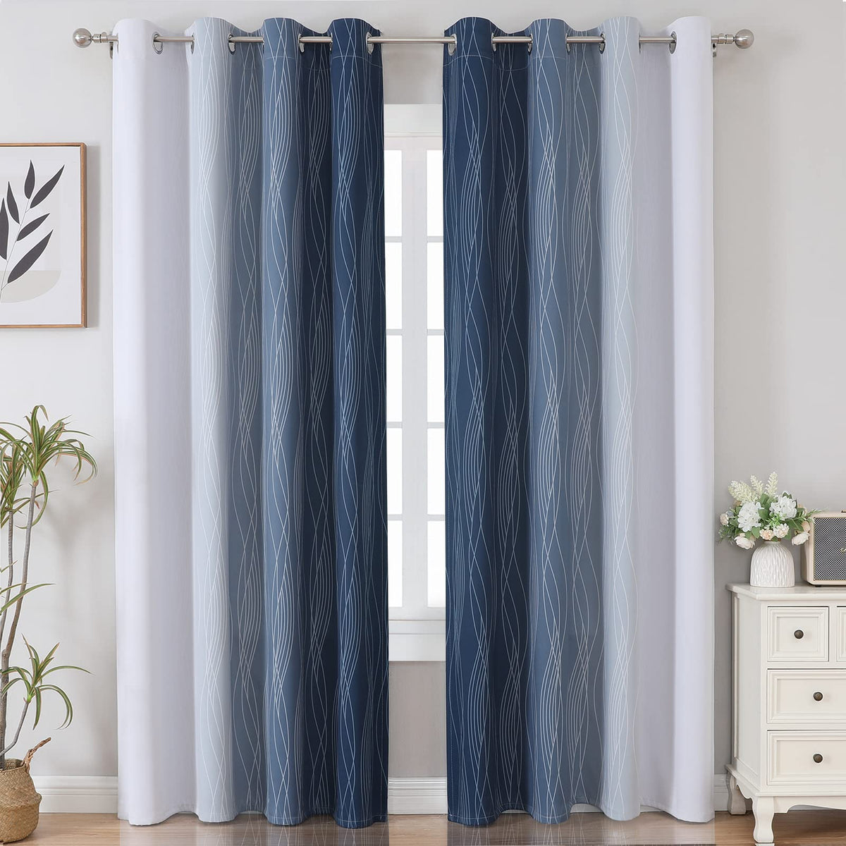 Navy Blue and Greyish White Blackout Curtains for Living Room 84 Inch Long