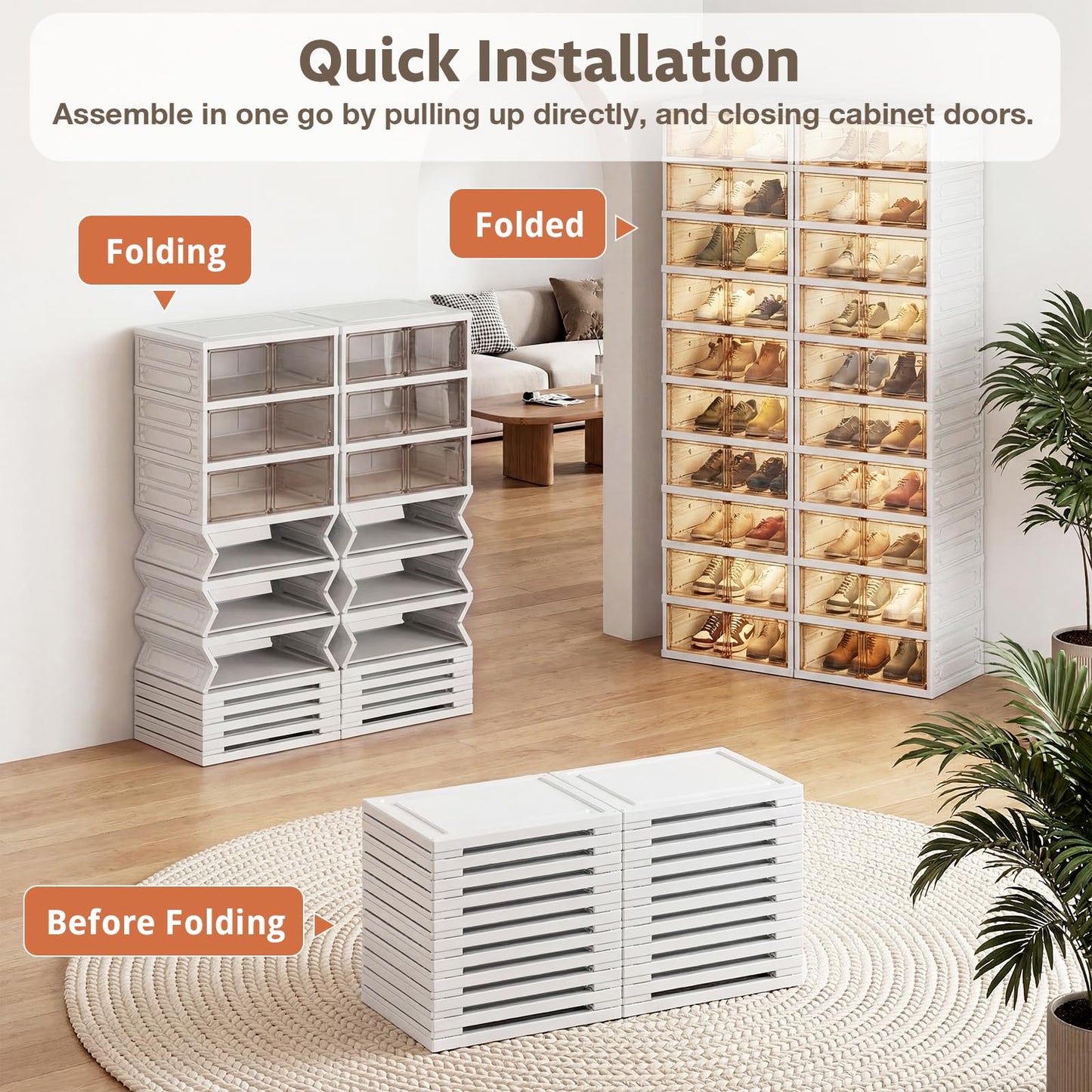 Danrelax 10-Tier Foldable Shoe Rack Organizer, 40 Pairs Stackable & Collapsible Shoe Cabinet with Transparent Doors & Leather Handles, Space-Saving Storage for Closet, Kitchen, Cabinet (No Boots Tier)