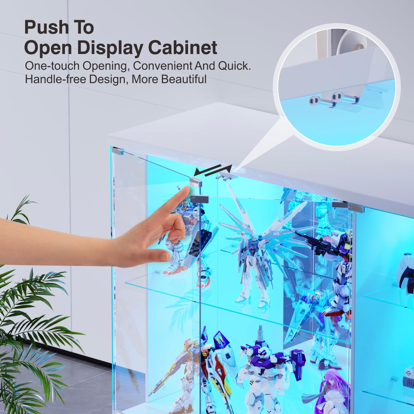 Lvifur Glass Display Cabinet with Lock & LED Light, High Gloss Sideboard with Human Body Sensor & Glass Shelves for Toys, Books, Collectibles, Liquor, Bookcase for Living Room, Kitchen, Study, White