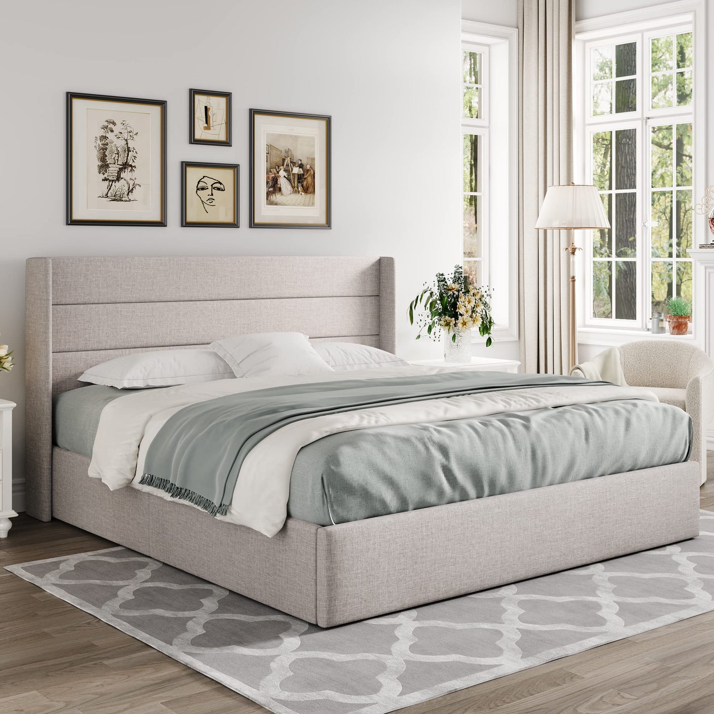 Allewie King Size Lift Up Hydraulic Storage Bed Frame Light Beige