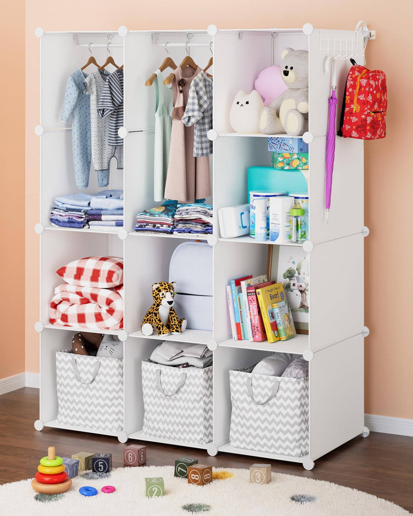 CUBEDIY Baby Closet Organizer for Nursery: Durable Baby Wardrobe for Closet - Customizable Baby Dresser Amoire Shelves - Waterproof Shelf Clothes Organizer w/Wall Fixation (White)