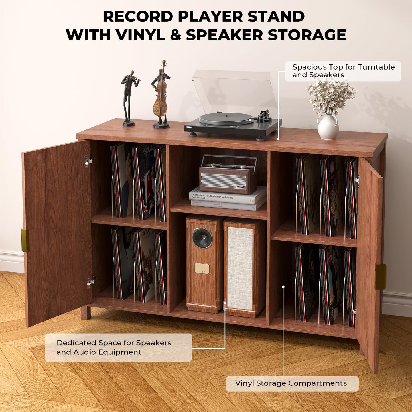BROTTAR 47.2" Mid Century Modern Record Player Stand with Vinyl Storage