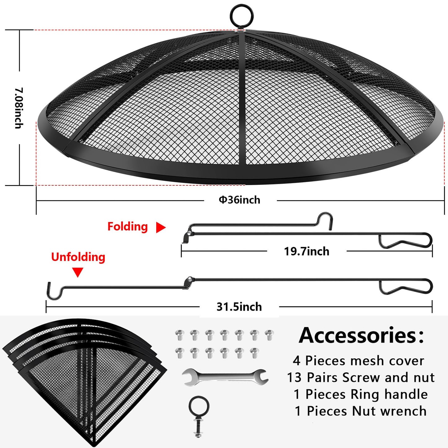 Fire Pit Spark Screen, Fire Pit Screen 36 Inch Round with Handle & Poker, Collapsible Heavy Duty Mesh Fire Pit Cover Fire Pit Lid for Outdoor/Patio/Backyard/RV Camping/Beach