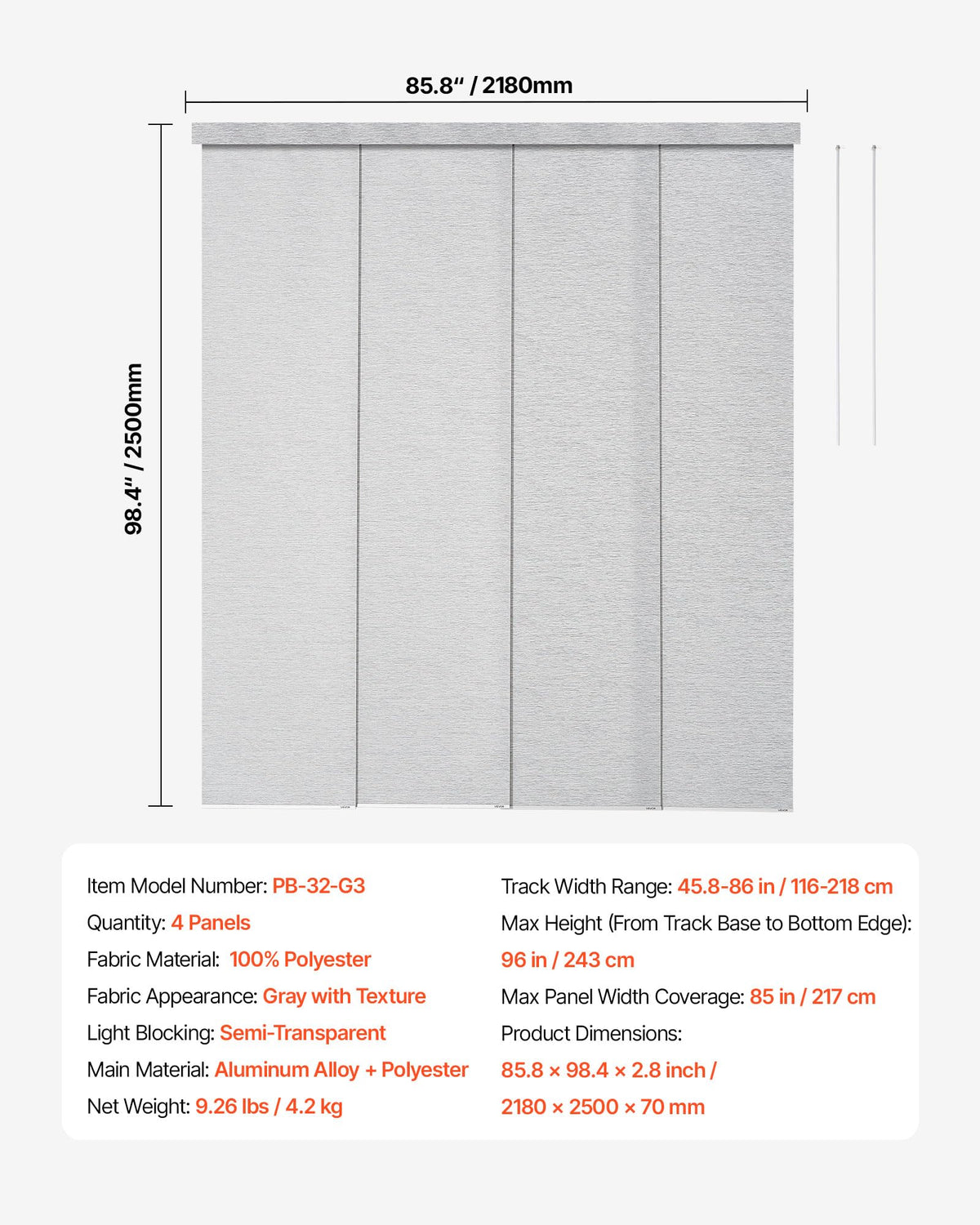 VEVOR Panel Track Blinds, Extendable Track from 45.8 in to 86 in W, Trimmable Panel Curtains Up to 96 in H, Adjustable Vertical Panel Blinds for Sliding Doors, Patio Doors, Room Divider, Window, Gray