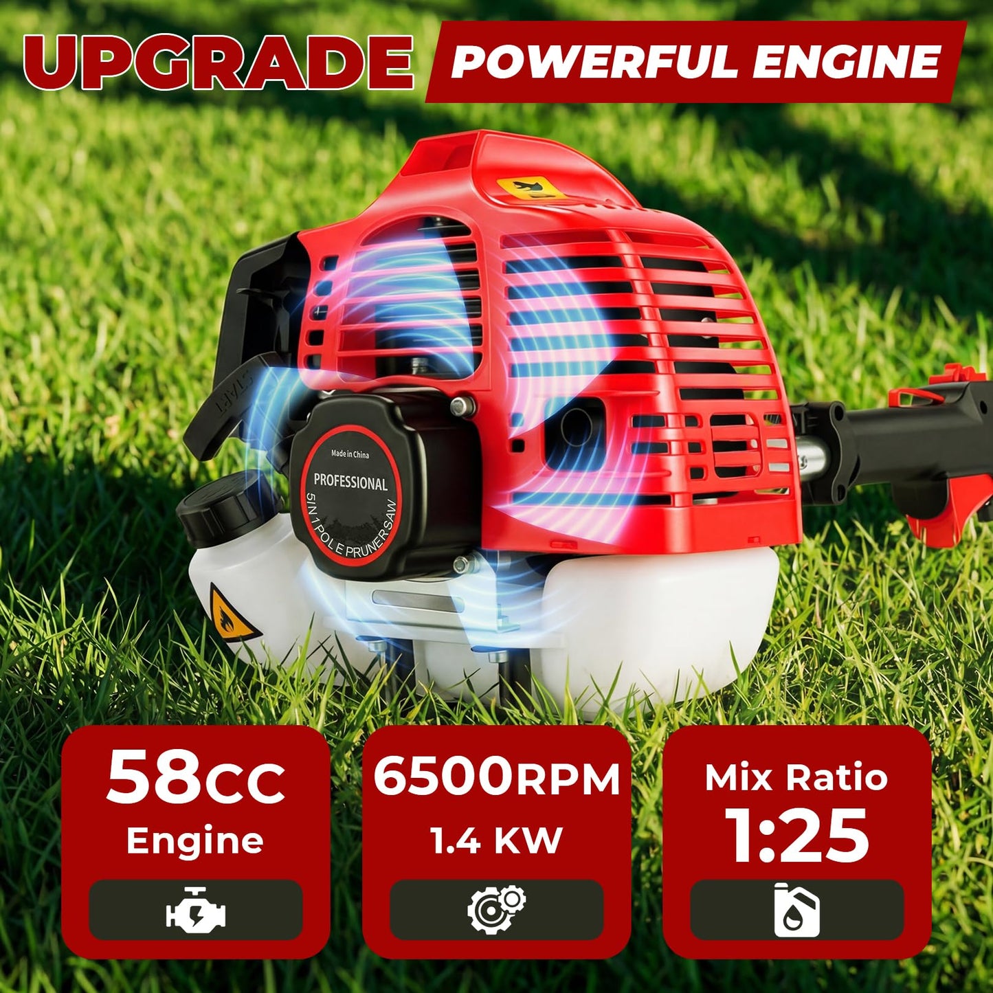 Pole Saws Gas Powered 6-in-1, 58CC 2-Cycle Powerful Gas Pole Saw Include String Trimmer Brush Cutter Pole Saw Hedge Trimmer Brush Cutter for Yard, Garden