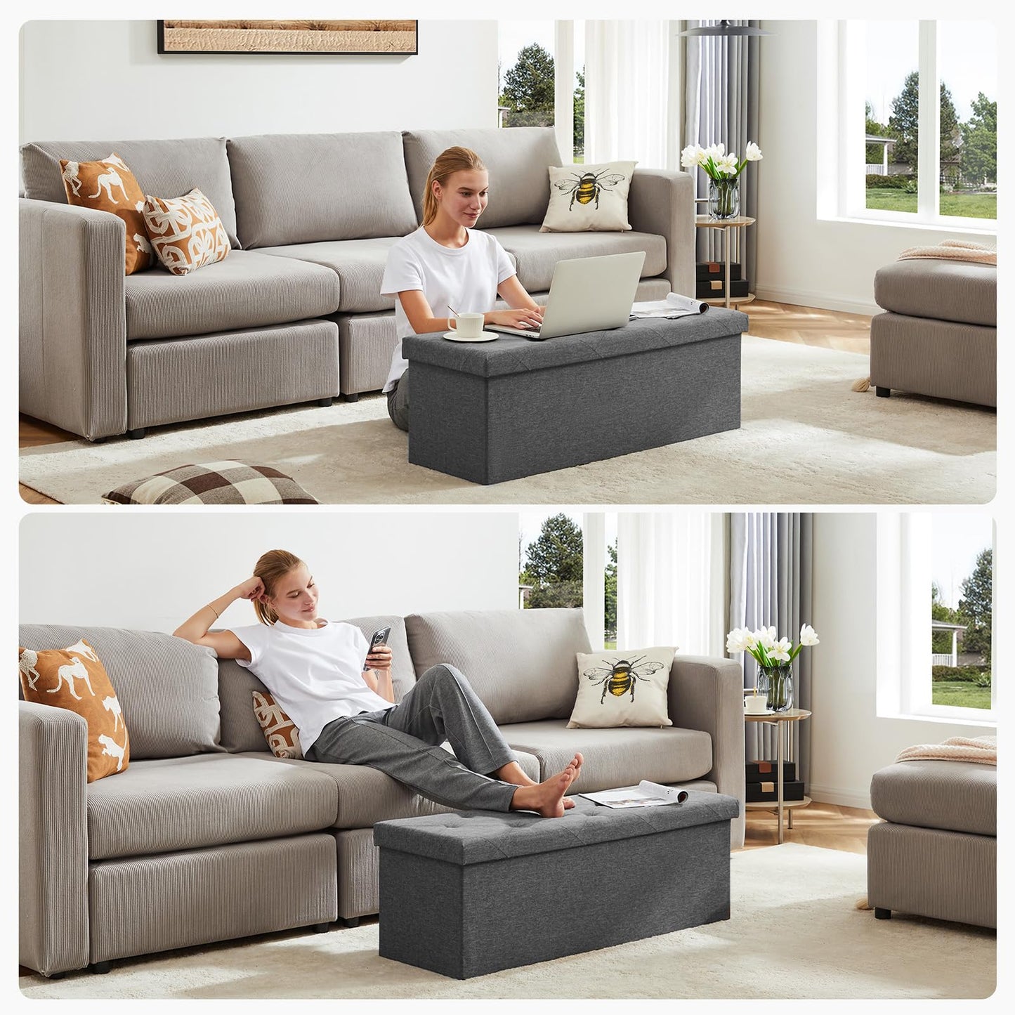 DUMOS 43 Inch Folding Storage Ottoman Bench, Large Hidden Storage Chest with Thicker Foam Padded Seat, End of Bed Foot Rest Stool for Bedroom Living Room Entryway, Load 660 lbs, Grey