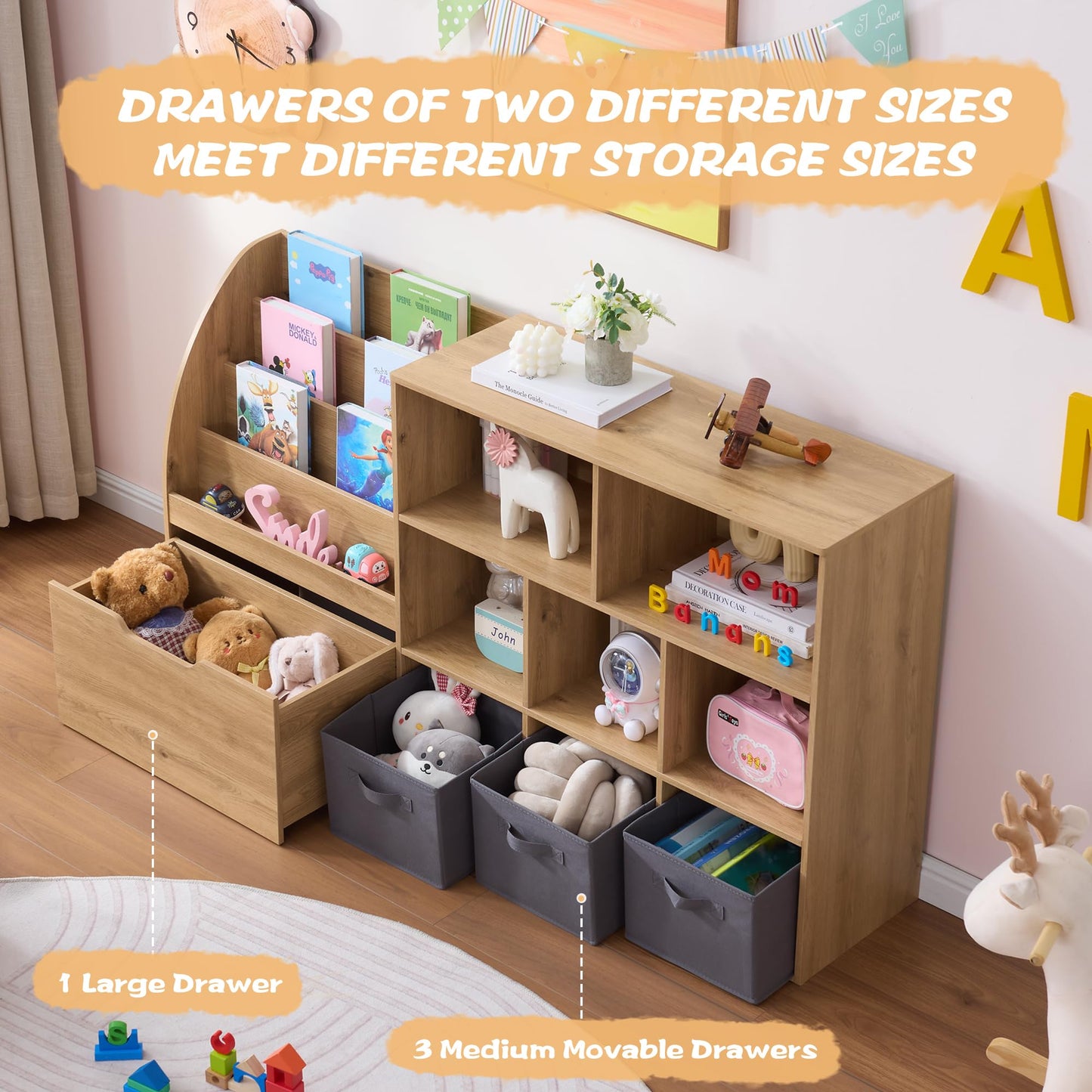 Fatmok Kids Bookshelf and Toy Storage, Toy Storage Organizers with Movable Drawers & 3 Storage Bins, Kids Reading Nook Toy Organizers Shelf with 5 Cubbies, Natral Wood