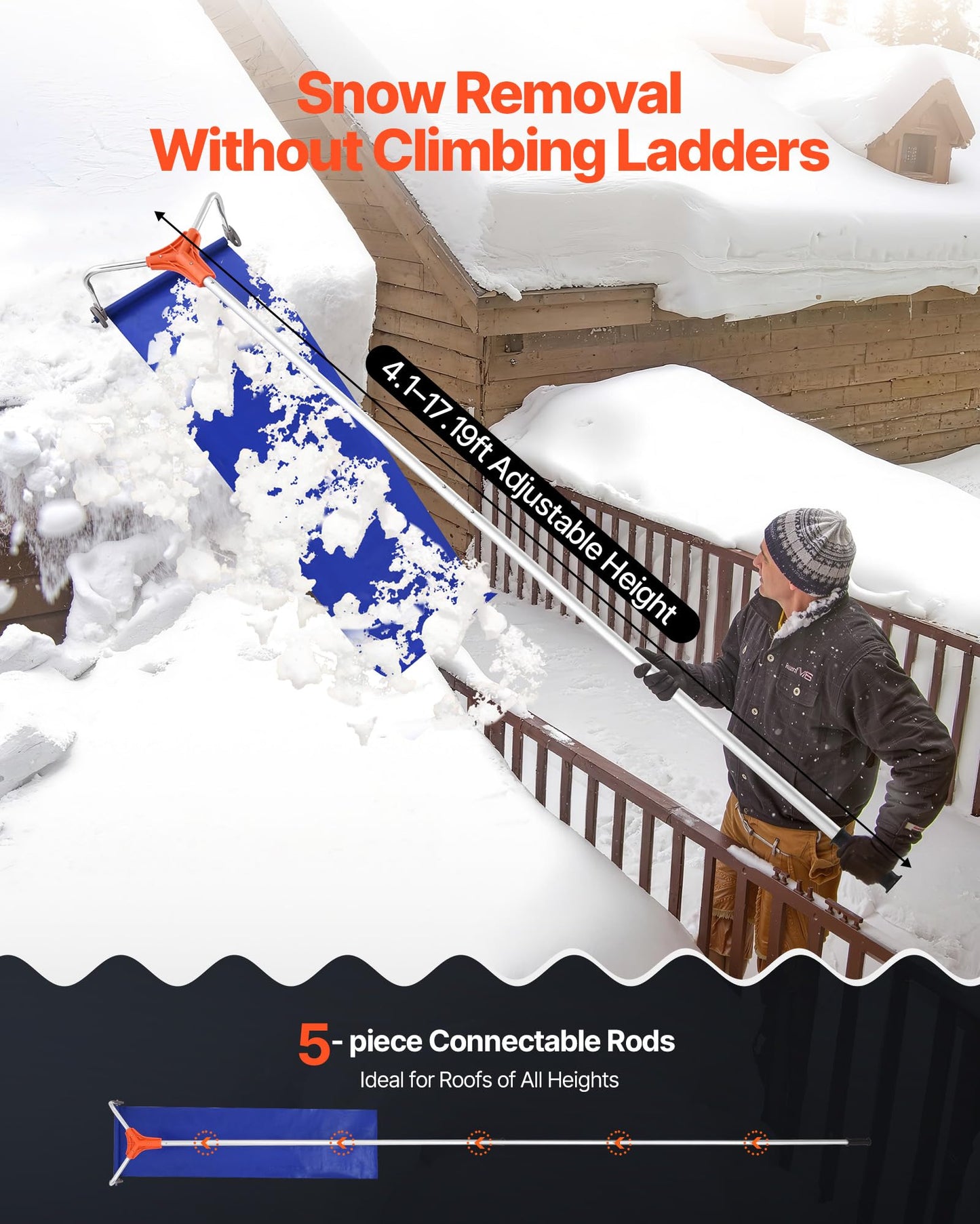 VEVOR Snow Roof Rake, 17 in Aluminum Blade, 4.1-17.2 ft Adjustable Roof Snow Scraper with Wheels & Slide, Lightweight Snows Removal Tool for House Rooftop Leaves Debris Clearing