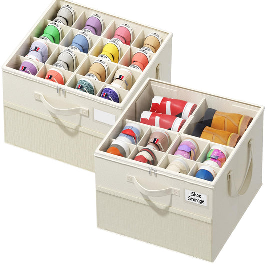 NestOrganix 2 Pack Shoe Organizer for Closet, Large Shoe Box Storage Containers, Foldable Shoe Storage Organizer Box Bin with Adjustable Dividers and Clear Cover, Space Saving Shoes Holder, Beige