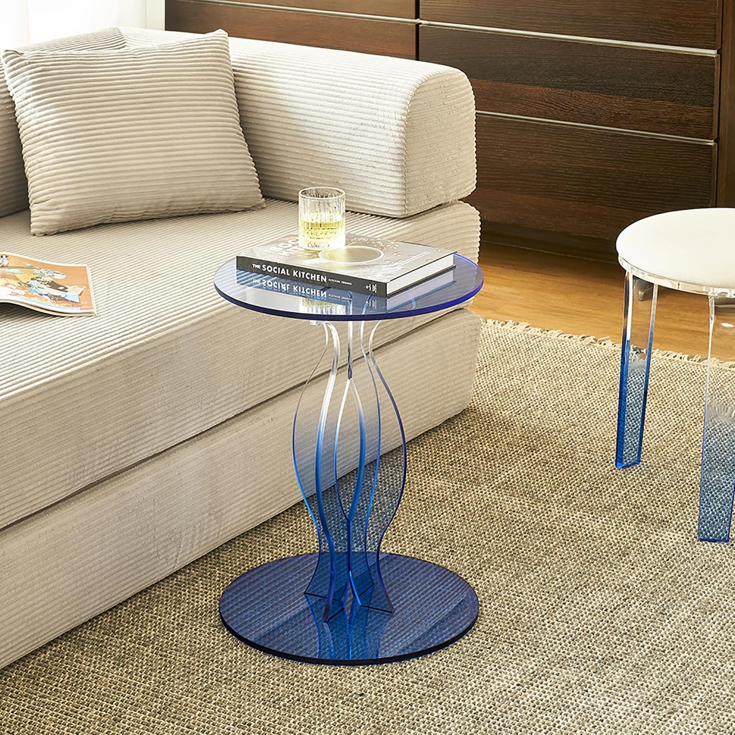 Zvaxioyv Acrylic Side Table, Clear End Table, Round Drink Table, Modern Nightstand for Living Room, Coffee Tables for Bedroom, Blue