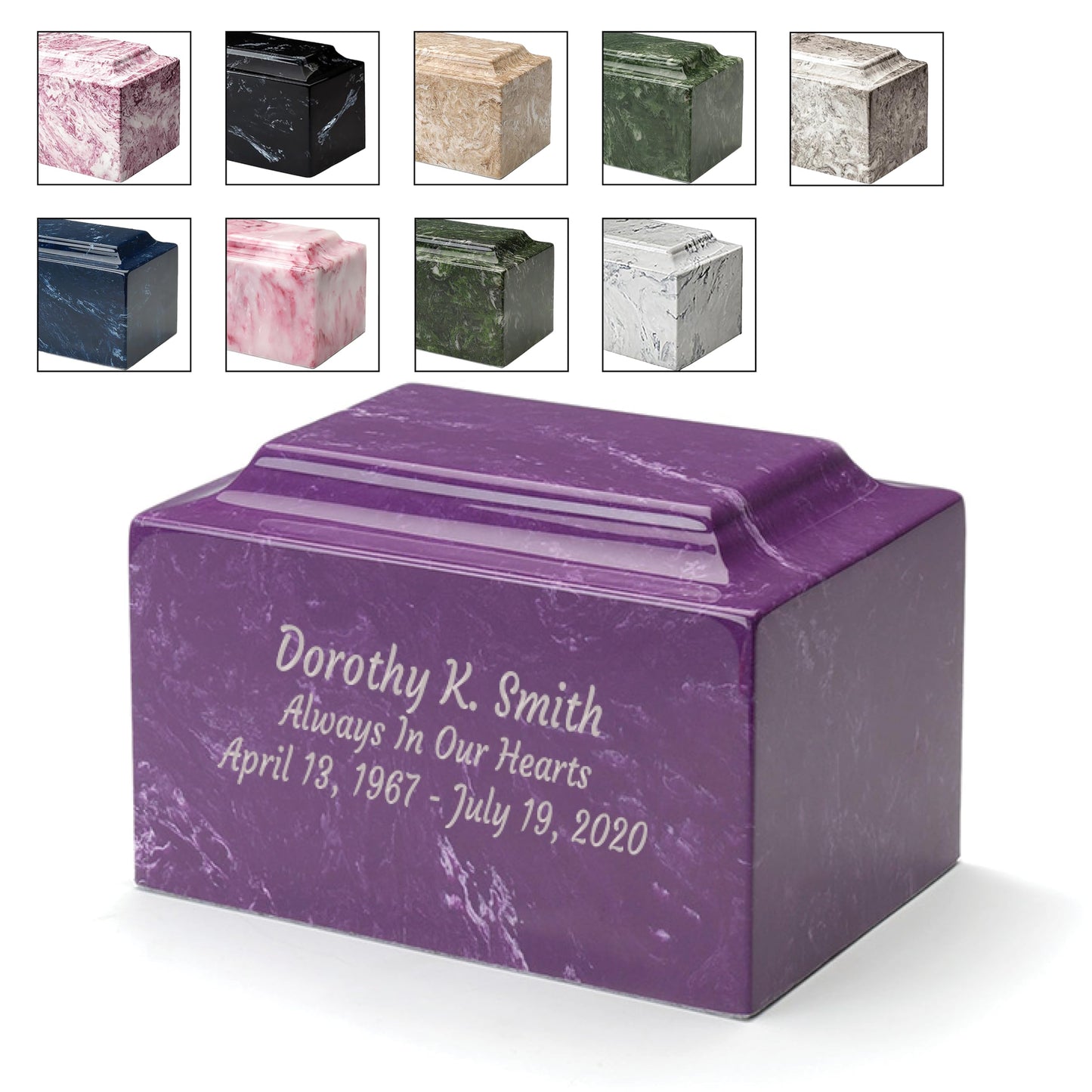 Custom Engraved Mackenzie Urn Vault - Up to Three Line of Custom Engraving Included. Six Different Custom Fonts to Choose from. Cultured Marble Adult Full Size urn. Carrera Color