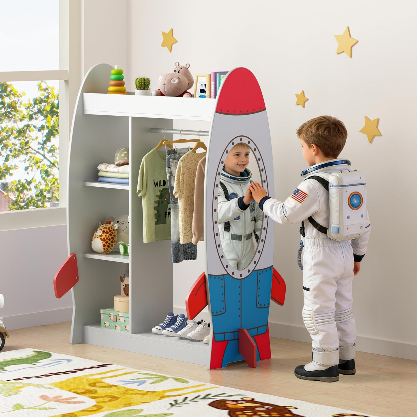 BVIUNTWO Rocket-Themed Kids Dress Up Storage with Mirror, Wooden Costume Organizer for Boys, Toddler Closet Organizers and Storage Armoire with Hanging Rod, Open Clothes Rack for Playroom & Bedroom
