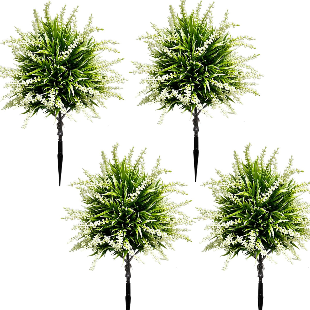 YUGYUM Artificial White Lavender Shrubs, 4 Pack Faux Lavender Bushes with Ground Stakes, UV Resistant Fake Flowers Plants for Outdoor Garden Patio Yard Landscape Decor