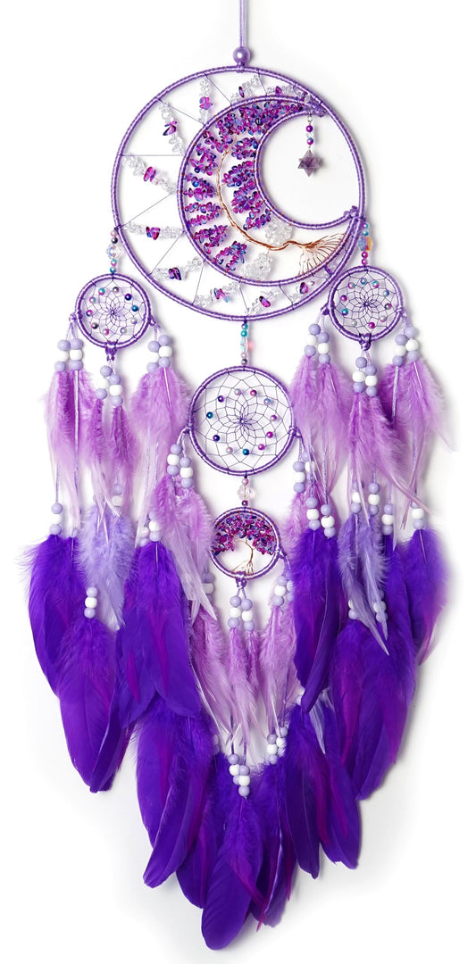 Large Dream Catchers, Handmade Woven Moon Healing Crystal Stone Dream Catcher Wall Hanging Ornament for Bedroom Living Room Wedding Party Decor, Festival Blessing Craft Gift (Purple Moon)
