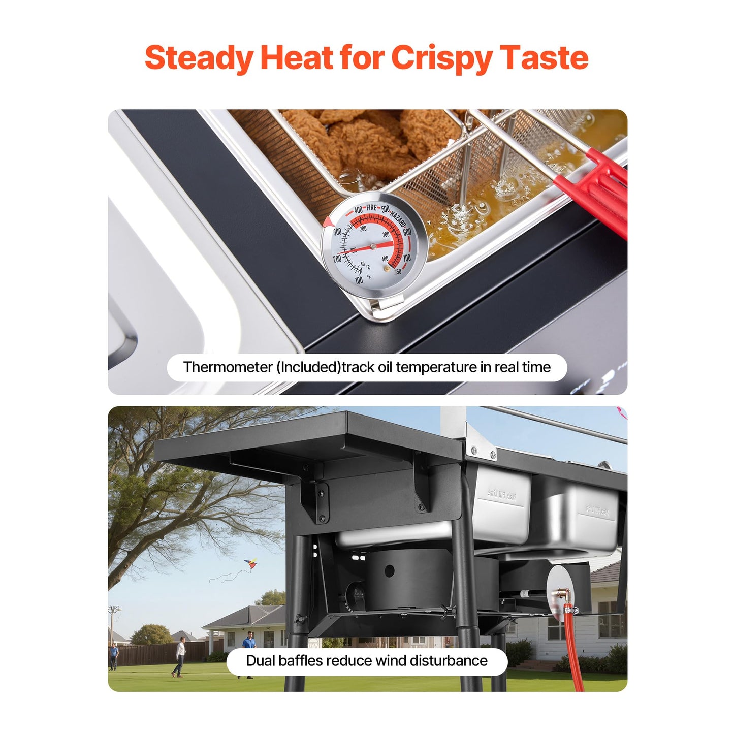 VEVOR Outdoor Propane Deep Fryer, Double Burners Commercial Fryer, 16 Qt Stainless Steel Cooker with Removable Baskets & Lids & Tanks, Oil Fryer Cart with Thermometer & Regulator, For Outdoor Cooking