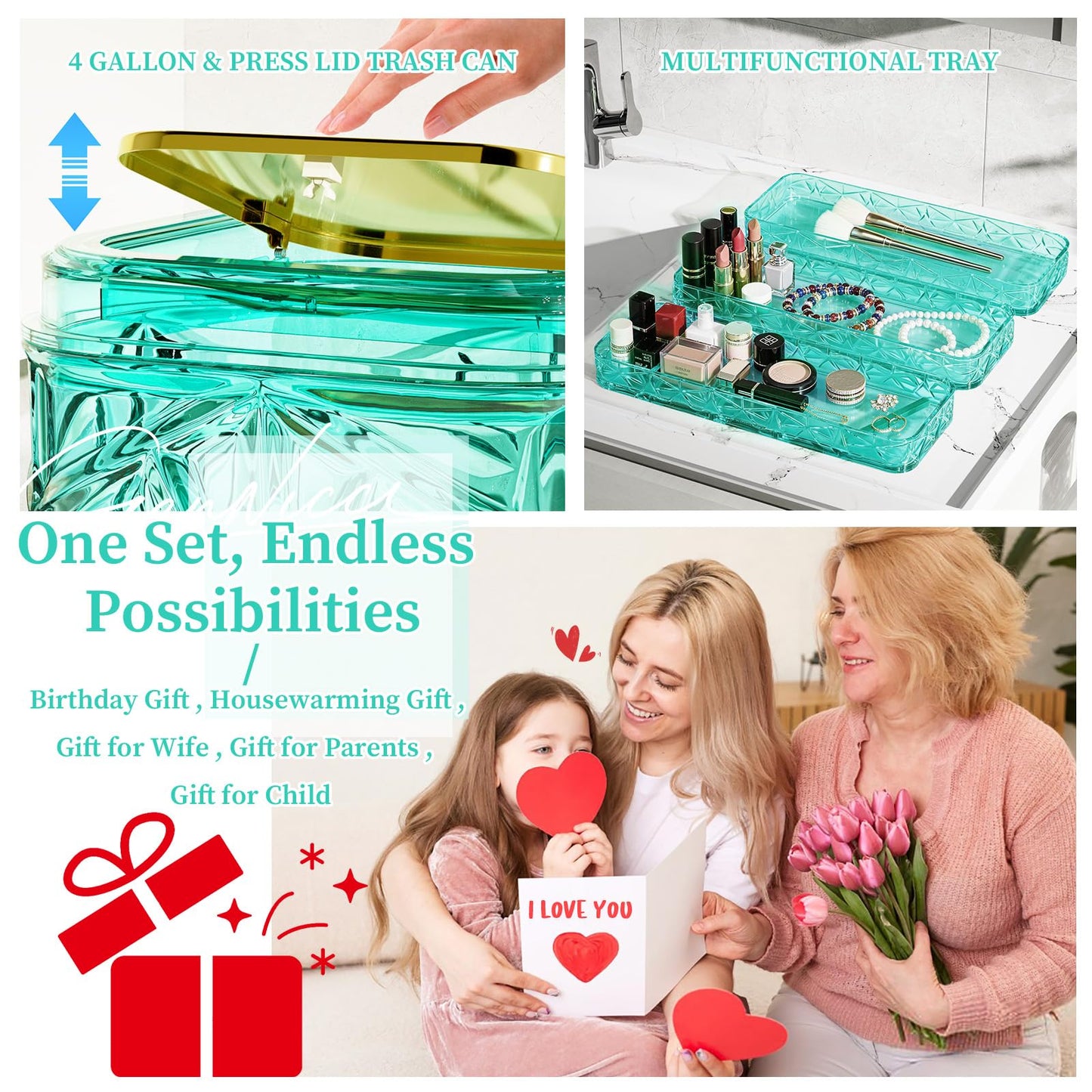 Bathroom Accessory Set, 9-Piece Teal Bathroom Set with Trash Can, Toilet Brush, Soap Dispenser, Soap Dish, Toothbrush Holder, Tumbler, Q-tip Holders & Tray, for Hotel/Apartment, Housewarming Gift