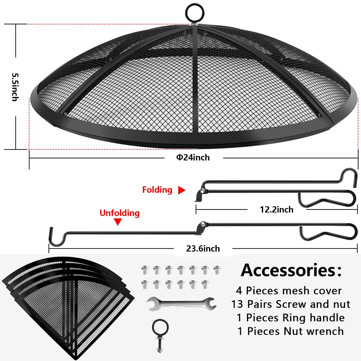 Fire Pit Spark Screen, Fire Pit Screen 24 Inch Round with Handle & Poker