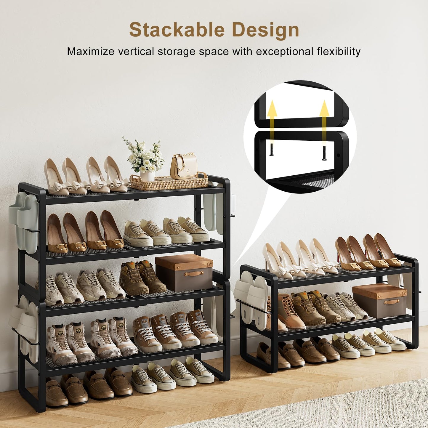 Gasvadivum 2 Tier Expandable Shoe Rack for Closet, Adjustable Heavy Duty Metal Shoe Organizer Shelf for Entryway, Stackable Shoe Stand Holder for Garage, Bedroom, Door Entrance, Black