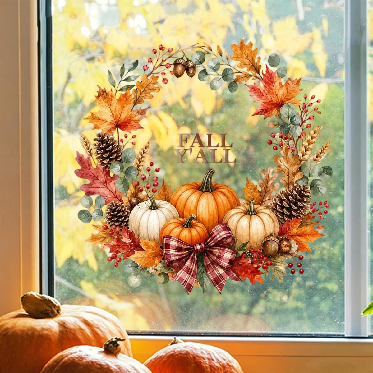 RIICFDD Fall Window Clings Red Plaid Bow Wreath Window Decals 1 Sheet