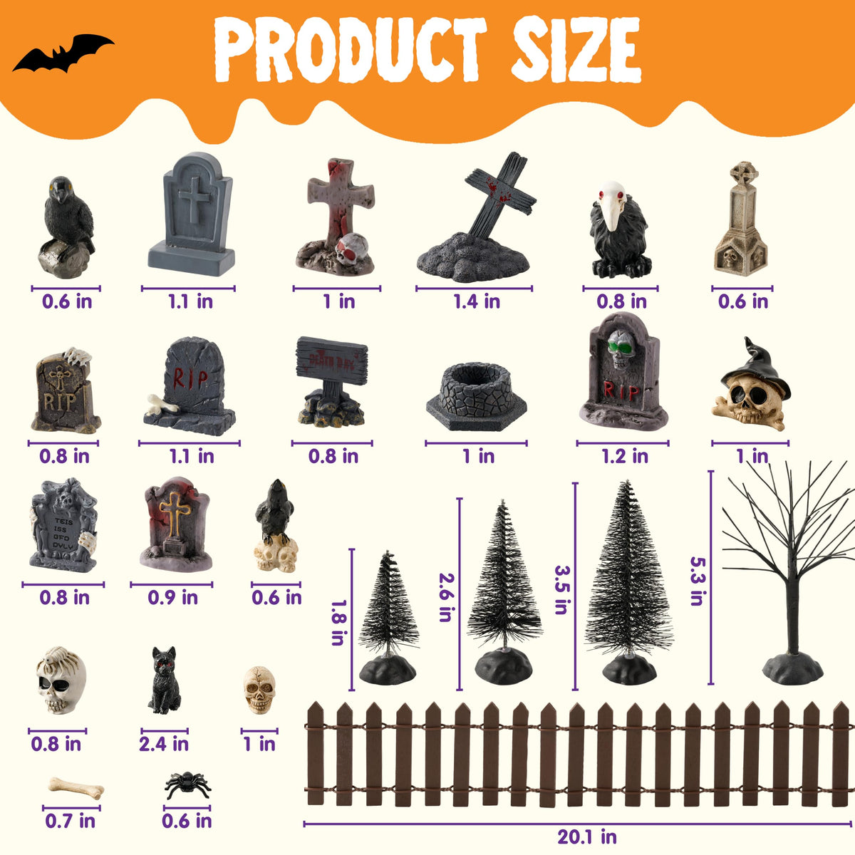 JOYIN 61 Pcs Halloween Village Accessories Set Miniature Graveyard Decorations, Mini Tombstones, Crows, Black Cat, Skulls, Spiders, Fence and Trees for Halloween Town Mini Scene Garden Dollhouse Decor