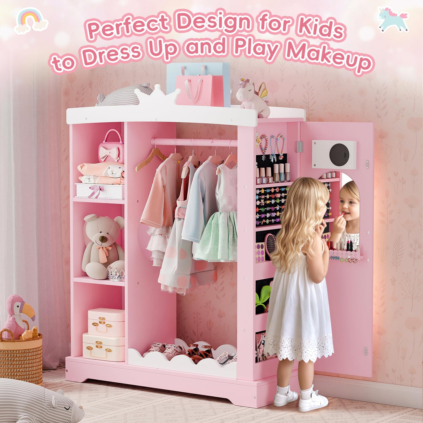 Xilingol Kids Armoire with Jewelry Cabinet, Dress up Storage with Mirror and Shelves, Princess Dress Closet and Costumes Wardrobe Closet, Costume Organizer for Bedroom, Kids Room, Girls (Pink)