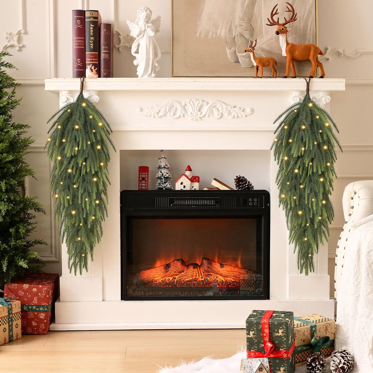 2 Pcs 30” Length Artificial Norfolk Pine Christmas Teardrop Swag with Light