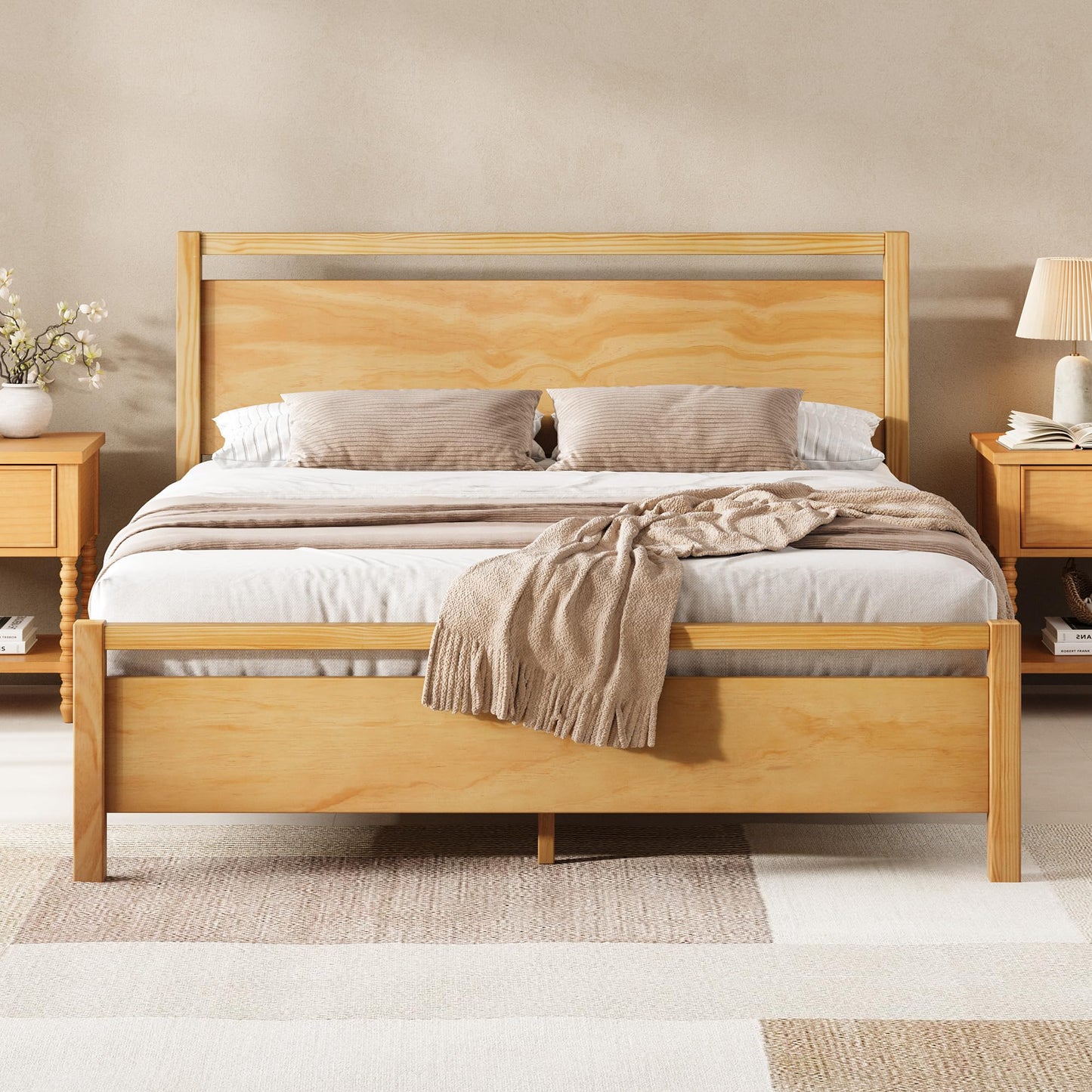AMERLIFE King Size Solid Wood Bed Frame with Headboard, Minimalist Platform Bed with Wooden Slats Support/No Box Spring Needed/Easy Assembly, Natural