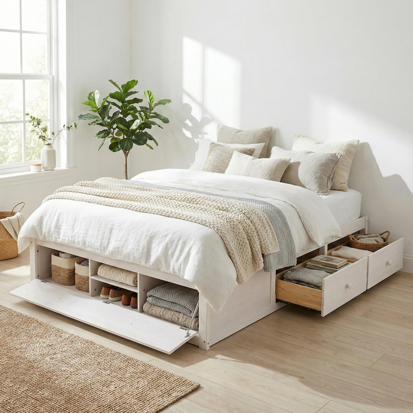 Merax Platform Bed Frame with 4 Storage Drawers and Hydraulic Lift Footboard Storage, No Headboard, Modern Space-Saving Design- Queen Size, Antique White