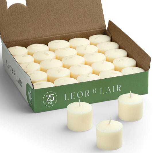 Leor & Lair Ivory Votive Candles, 25 Pack, 10 Hour Unscented Ivory Candles