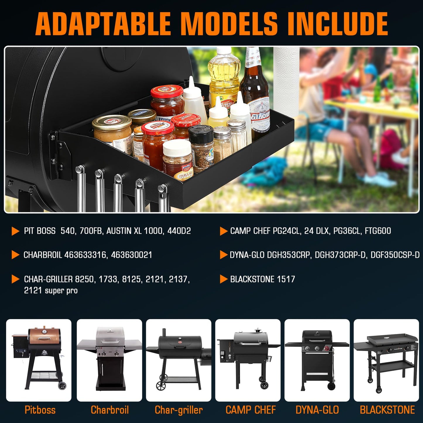 GRISUN Adjustable Folding Grill Side Shelf for Pit Boss 540 & 700FB, Side Prep Table with 5 Tool Hooks for Camp Chef, Char-Griller & Dyna-Glo Grills